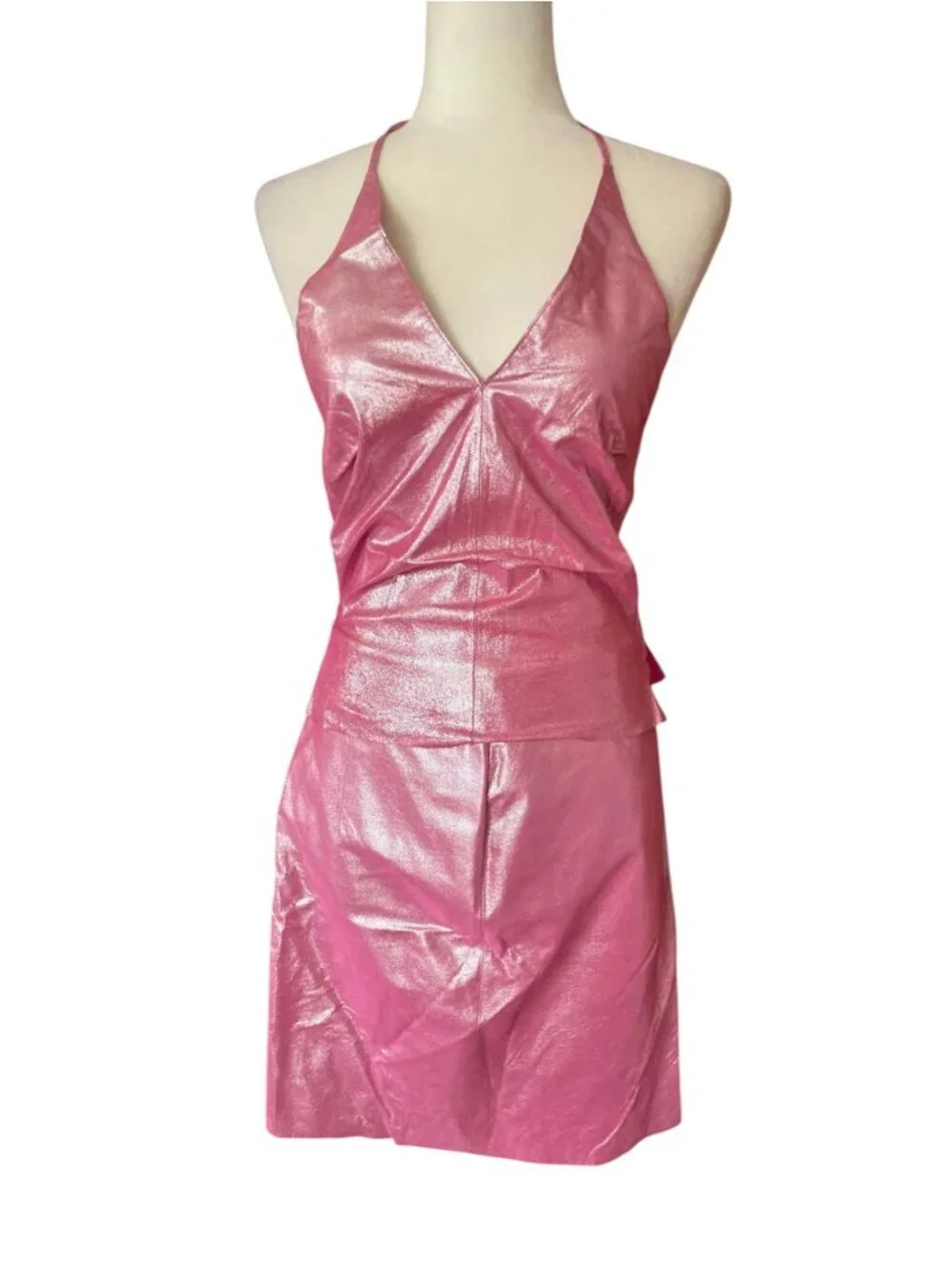 Rare Vintage Y2K Express Hot Pink 100% Leather Halter Top Skirt Set Sz XS Fest - Picture 2 of 16